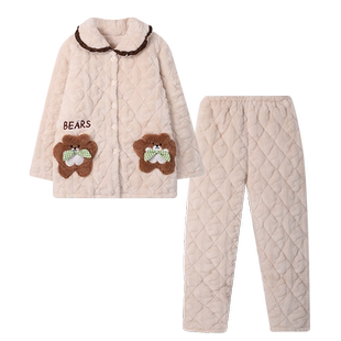 睡衣女士秋冬季三层加厚加绒夹棉袄中年妈妈款珊瑚绒家居服套装