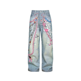 KZDALL原创设计链条打印牛仔裤3D印花美式街头宽松直筒休闲长裤