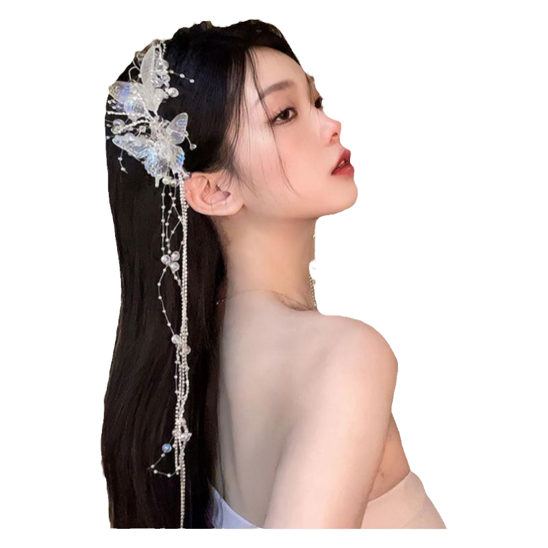 蝴蝶流苏珍珠发夹新娘婚纱头饰