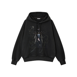 物理少年「飞天小猪」外星小猪印花烫银工艺破洞宽松水洗连帽卫衣