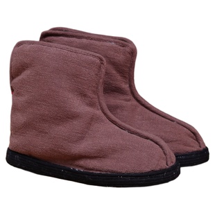 纯手工千层底布鞋女秋冬上新咖色棉花靴子中筒保暖布鞋中式一脚蹬