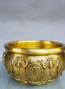 纯铜聚宝盆摆件实心黄铜聚宝盆家居装饰品五福铜盆摆设开业礼品
