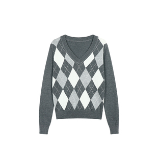 pusumede 节日氛围 正红色v领菱格套头毛衣女修身撞色针织衫上衣