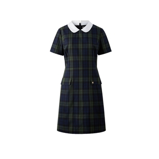 Eland衣恋连衣裙女格纹可拆卸领收腰小A字裙子俏皮2025夏季新款