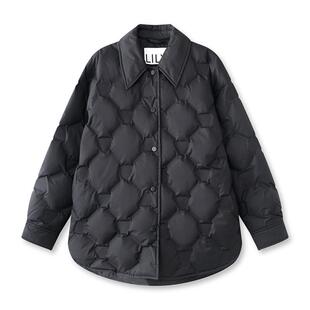 LILY2025冬新款女装经典菱格纹衬衫领90鸭绒黑色羽绒服外套中长款