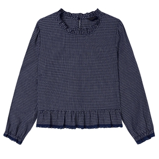 白鹿语韩系复古格纹荷叶边拼接泡泡袖衬衫春秋款设计感小众上衣