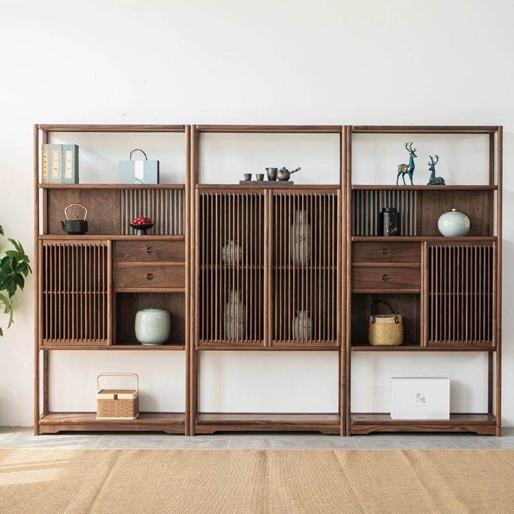 新中式博古架多宝阁满墙展示柜书架 老榆木茶叶展柜茶架置物架