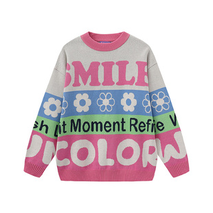 wigglewiggle26年春季潮牌复古拼色字母提花设计圆领针织毛衣女装