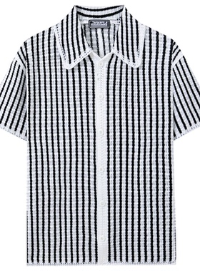 2026夏季老钱风条纹针织衬衫男士短袖休闲开衫Polo衫Men's shirt