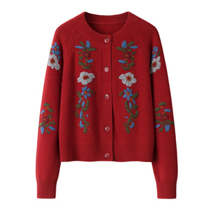秋冬新款绣花妈妈衫~内蒙古特产女加厚羊绒羊毛圆领喜庆开衫外套