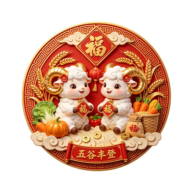 圆形双羊送福墙贴五谷丰登麦穗南瓜福袋祥云灯笼新年福字装饰贴纸