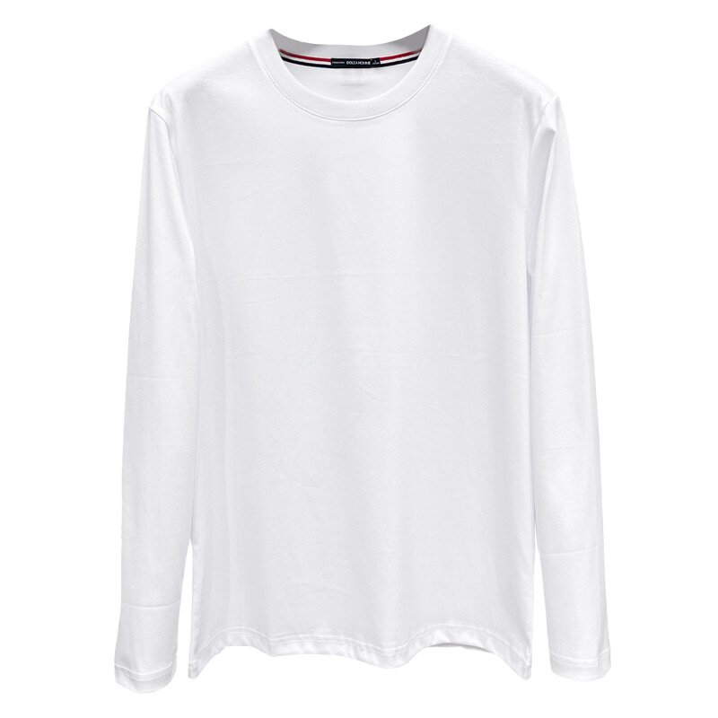 DH高端定制春秋季纯白色80支双丝光棉TB织带圆领纯棉长袖T恤衫