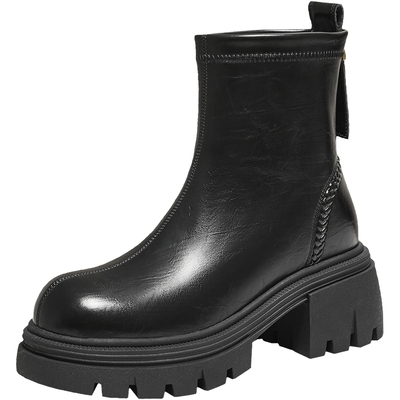 TATA他她靴子新款加绒时装靴短靴女黑色厚底弹力短筒靴CHW01DD5