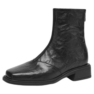 星期六粗跟方头短靴真皮马丁靴女