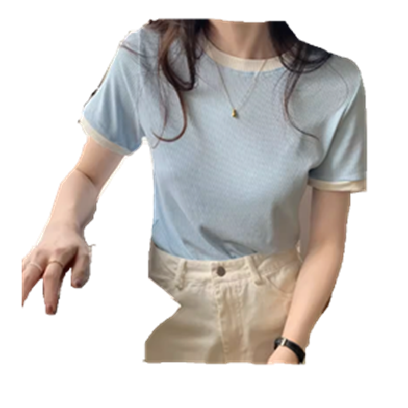 冰丝短袖t恤女夏季薄款修身坑条打底衫半袖上衣设计感小众体恤潮