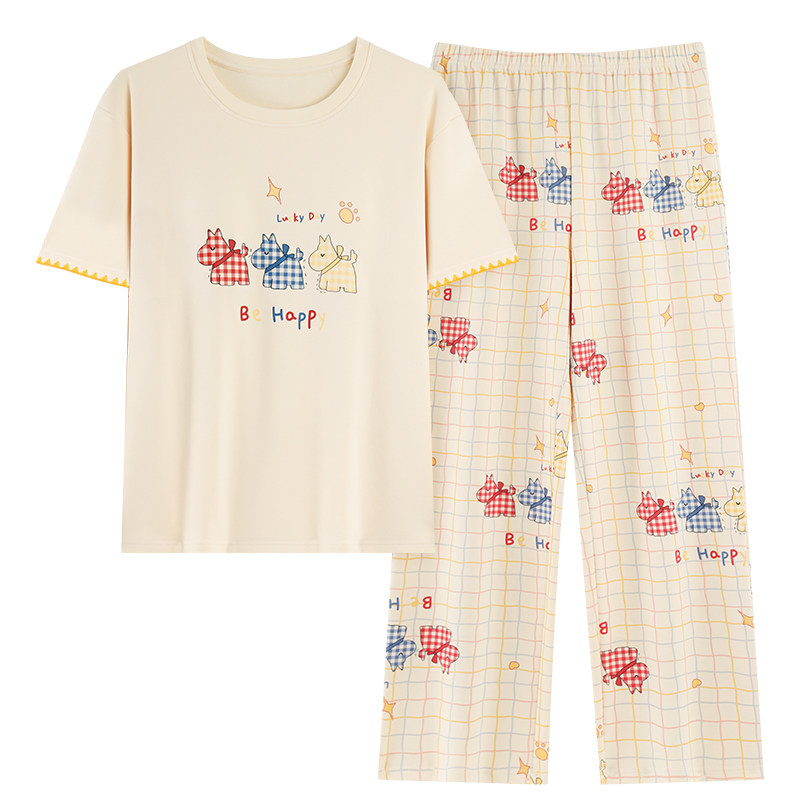 可外穿免穿内衣自带固定海绵胸垫短袖长裤睡衣夏天纯棉质家居服女