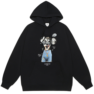 GUUKA潮牌黑色小狗加绒卫衣男款加厚 重磅纯棉字母刺绣连帽衫落肩