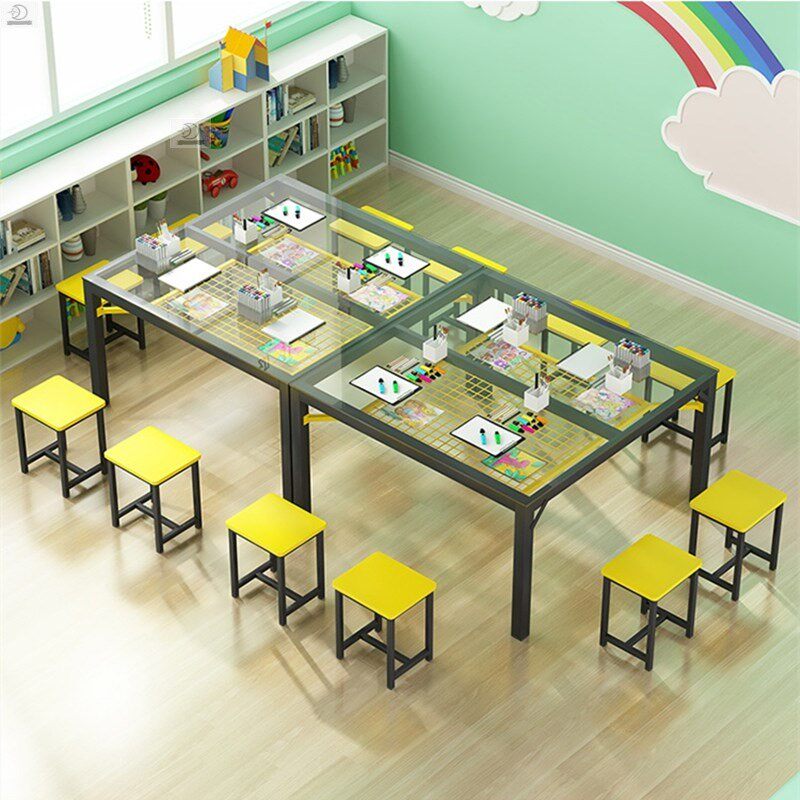 儿童桌椅玻璃桌幼儿园美术绘画桌课桌椅组合培训班暑期班画台写字