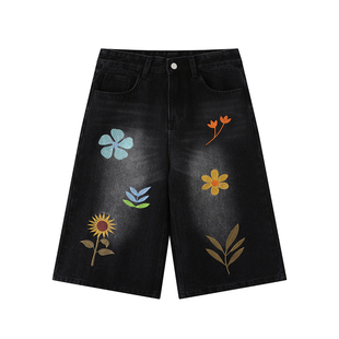 lemanism花朵牛仔短裤夏季休闲七分裤直筒裤潮牌休闲裤子情侣款