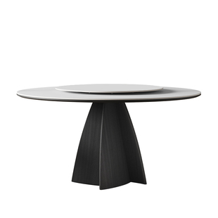 法式实木餐桌家用黑色圆形带转盘意式现代简约纯白复古岩板圆桌