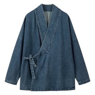 中国风改良禅修斜襟居士服青年宽松大码道袍休闲纯色厚款牛仔汉服