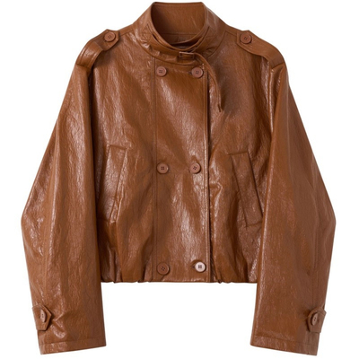 复古立领油蜡皮双排扣皮衣外套女