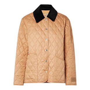 海外折扣村代购直邮秋冬款拼色菱纹格子翻领灯芯绒棉服夹克外套女