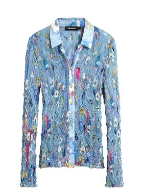 Desigual26秋冬新品小雏菊碎花油画压皱印花长袖女式衬衫