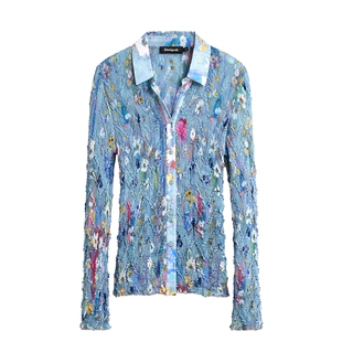 Desigual26秋冬新品小雏菊碎花油画压皱印花长袖女式衬衫