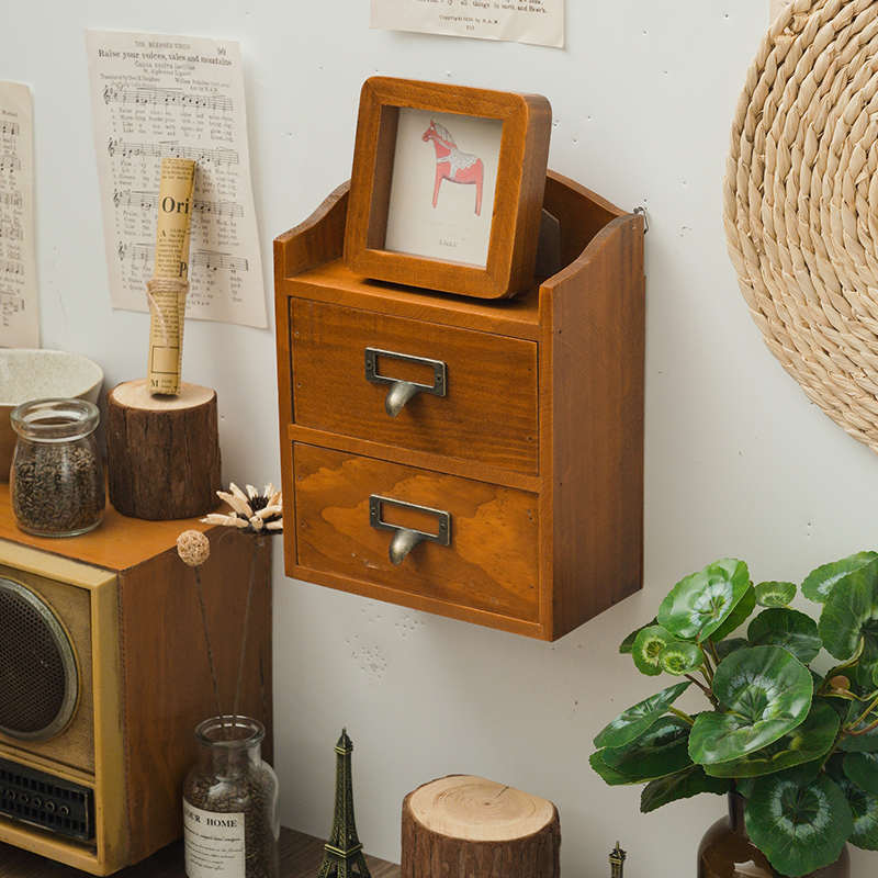 桌面抽屉式收纳盒分隔多层办公室桌上小盒子书桌收纳学生复古木质