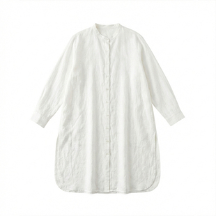 知笔墨流光白禅意衬衫式长袍子 苎麻轻盈亲肤宽松中式连衣裙
