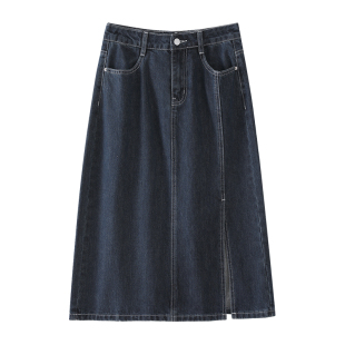 OSA欧莎通勤侧边开叉半身裙2026夏季新款女复古百搭遮胯牛仔A字裙