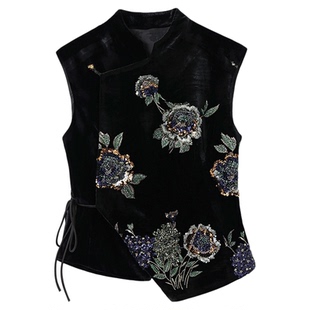 国风新中式丝绒立领系带背心轻奢钉珠亮片刺绣桑蚕丝马甲女 N9092