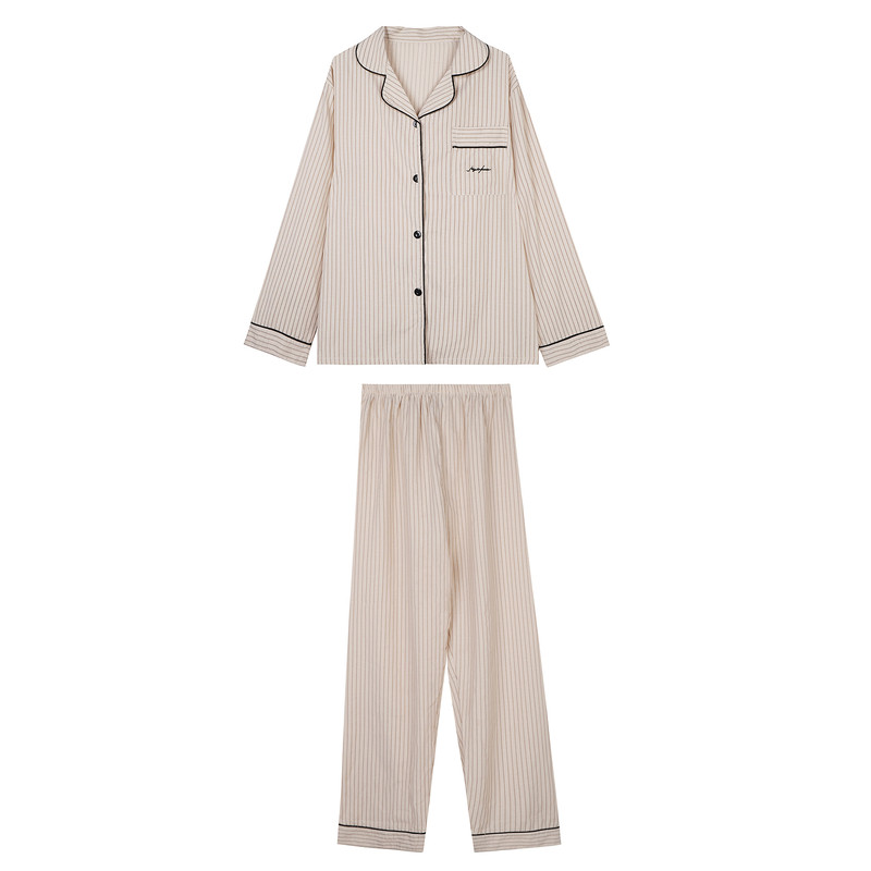 JoyceBra撞色条纹翻领睡衣裤套装秋季女款休闲宽松长袖韩系家居服