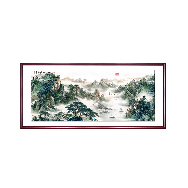 新中式青山秀水客厅装饰壁画字画背景墙国画横款大气靠山图山水画