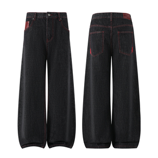 XCOK赤马原牛牛仔裤cleanfit黑色微喇裤子男女宽松阔腿直筒长裤