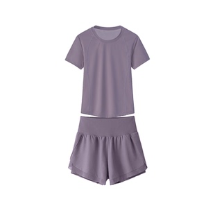 运动跑步速干套装女新款宽松瑜伽服短袖短裤普拉提训练服健身上衣