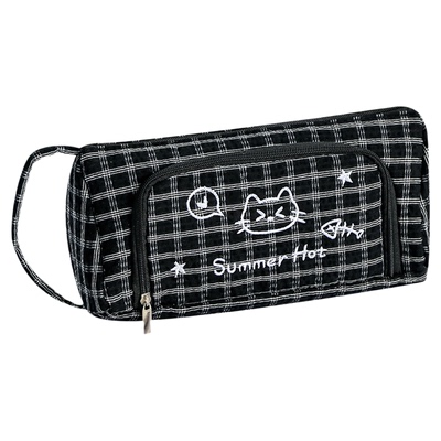 2026新款格纹小猫手提笔袋女孩女生刺绣大容量耐脏多功能初中小学生多层收纳文具袋小众可爱简约格子高颜值