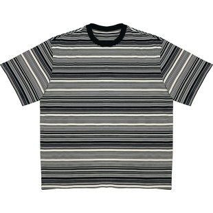 O3PARK夏季新款日系复古宽松百搭学院风圆领短袖休闲蓝白条纹T恤