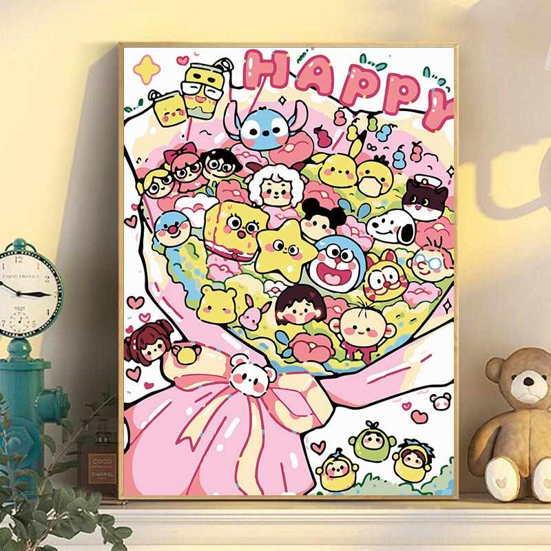 蜡笔小新数码油画DIY卡通动画儿童手工丙烯填充油画草莓熊