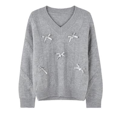 秋水伊人套头V领蝴蝶结毛针织衫