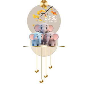 奶油风客厅玄关装饰画创意大象格栅挂画万年历电子时钟智能发光