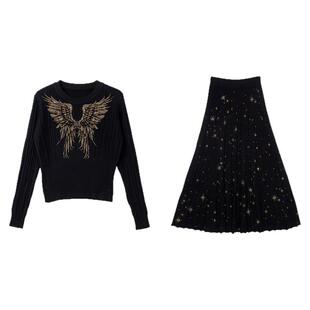TCH天使之翼烫钻休闲慵懒烫钻黑色毛衣半身裙针织套装T78A07E1063