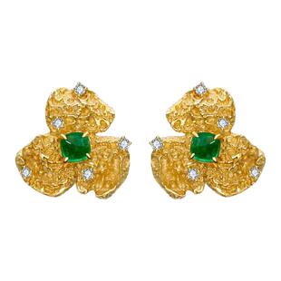 FIICCI菲伊奇 swat天然祖母绿糖塔切割18K黄金耳钉手工鎏金花瓣