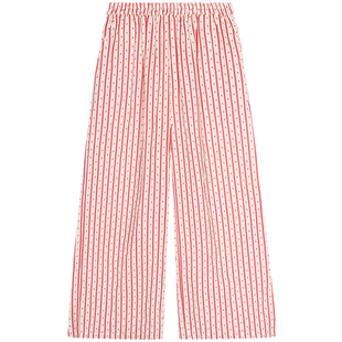 今屿花花 日常舒适夏季女裤红色条纹宽松阔腿裤女松紧腰2025新款