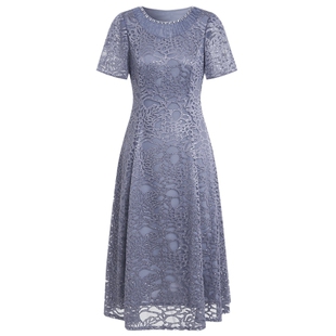 马天奴女装春秋新款灰色刺绣网纱连衣裙长裙收腰钉珠礼裙短袖气质