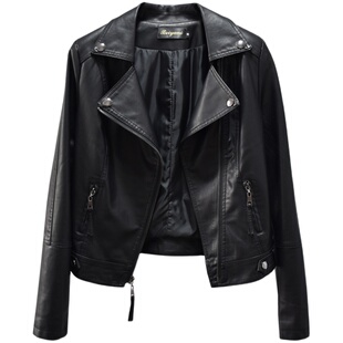 潮品女装翻领时尚短款皮夹克女2026春装新款修身显瘦长袖皮衣外套