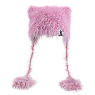 iu李知恩同款粉色猫耳朵毛绒帽子女2025新款秋冬保暖针织帽护耳帽