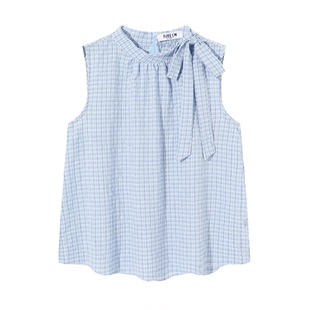 it FIVECM韩系蓝格挂脖无袖上衣女款夏季侧边蝴蝶结立领无袖衬衫
