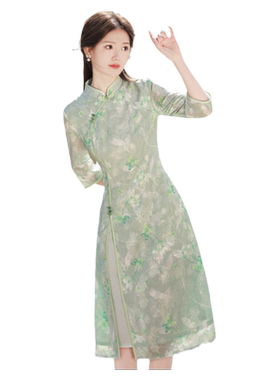 绿色改良复古奥黛旗袍